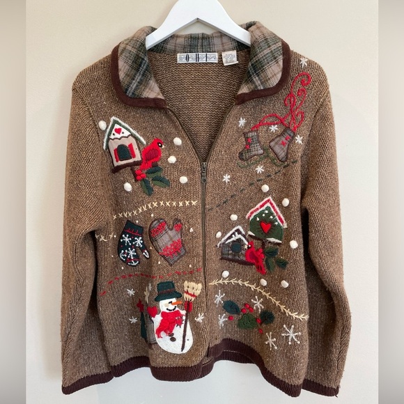 Vintage OHI Full Zip Sweater Winter Christmas Large Brown - Picture 1 of 6